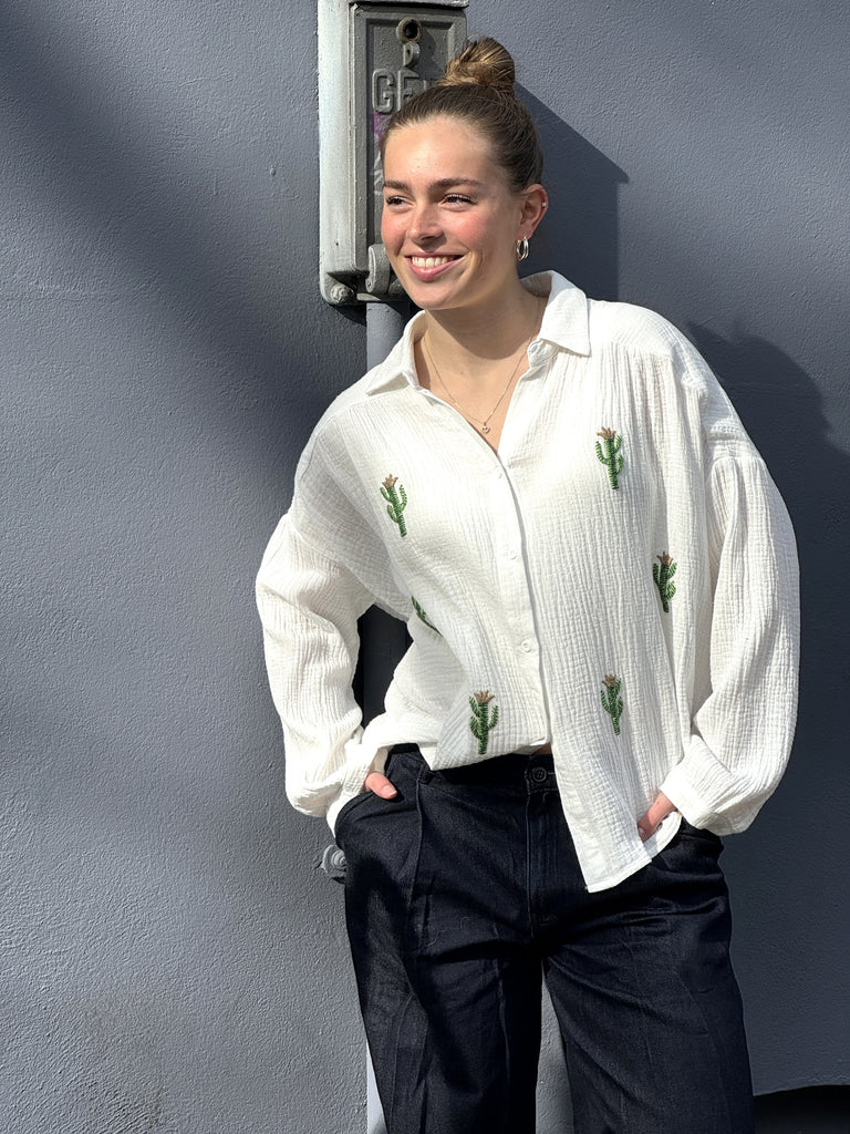 wijde blouse katoen met cactus borduur