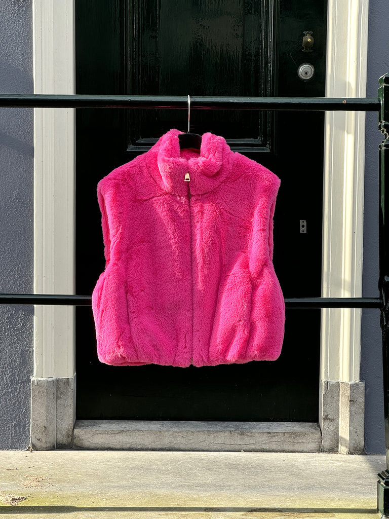 korte bontbodywarmer met rits en 2 zakken, fuchsia roze