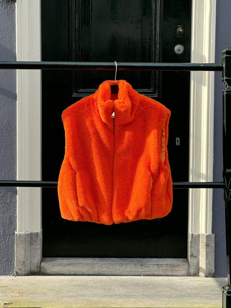 korte bontbodywarmer met rits en 2 zakken, oranje 